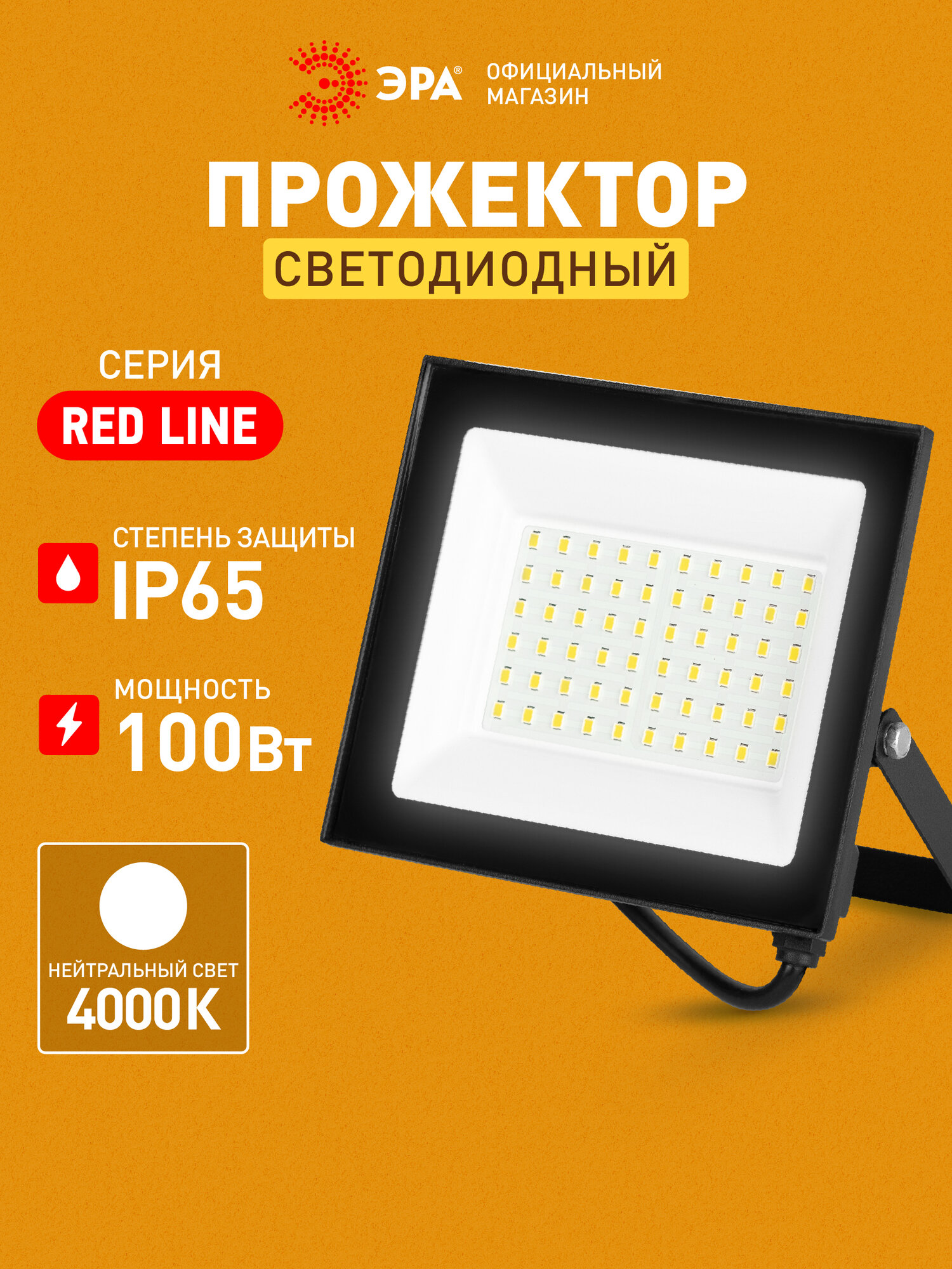 Прожектор светодиодный уличный ЭРА RED LINE LPR-024 влагозащищенный от сети, 100Вт 4000К, IP65