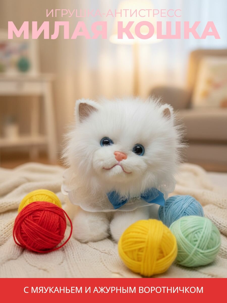 Мягкая Игрушка антистресс - Милая кошечка с ажурным воротником. 35 см.(Мяукает)