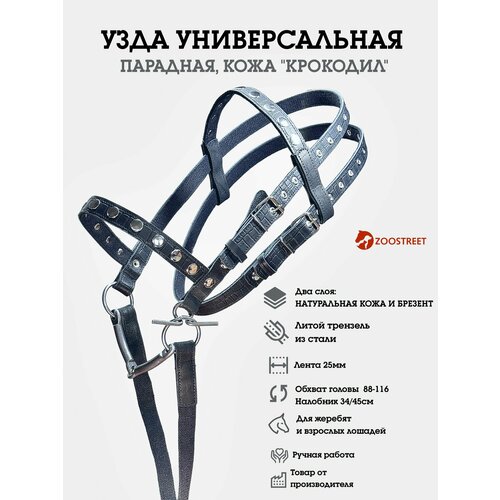 Уздечка парадная для лошади, жеребят универсальная, двуслойная, из натуральной кожи и брезента, регулируемая 25мм, поводья длиной 3 метра из брезента, украшена металлическими заклёпками