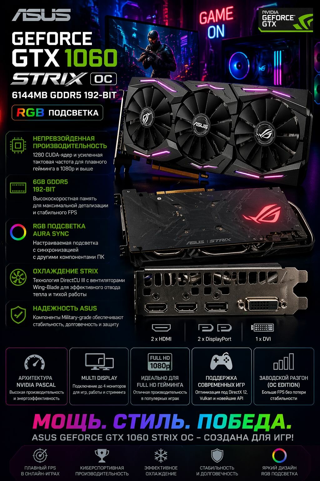 Видеокарта Asus GeForce GTX 1060 STRIX OC 6144MB 192bit GDDR5