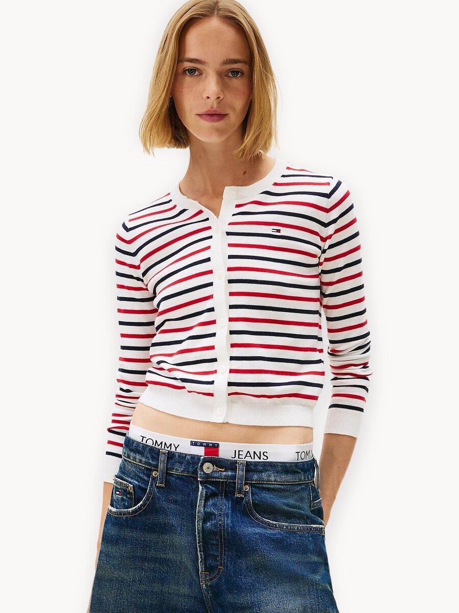 Кардиган Tommy Jeans, размер M, белый/красный/темно-синий