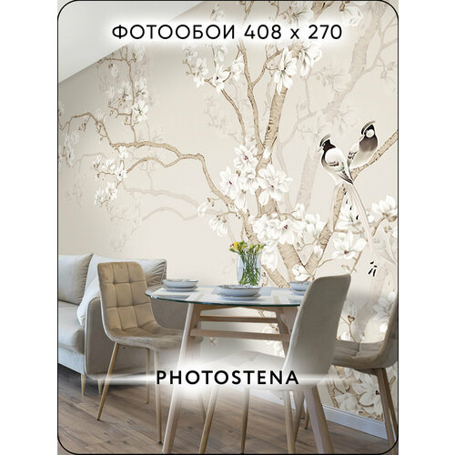 фото Фотообои на стену флизелиновые встык photostena птицы в магнолиях 4,08 x 2,7 м 11,02 м2