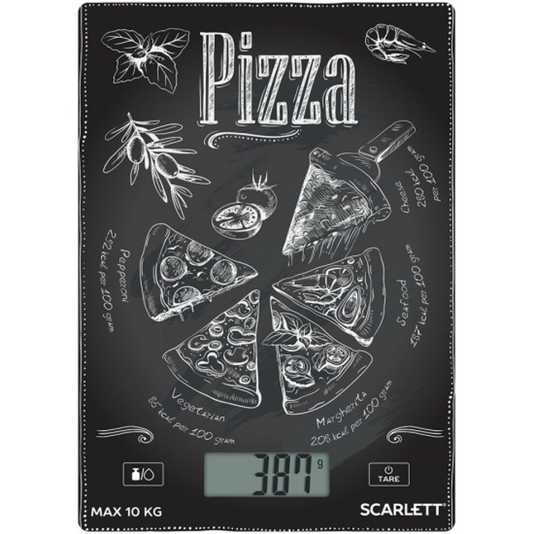 Весы кухонные Scarlett SC-KS57P66, пластик, ударопрочное стекло, 10кг, черные