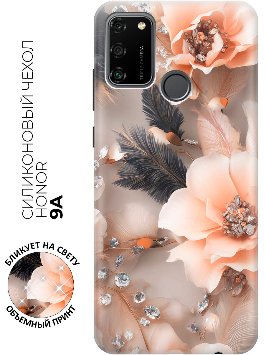 Силиконовый чехол на Honor 9A с принтом "Персиковые цветы и самоцветы"