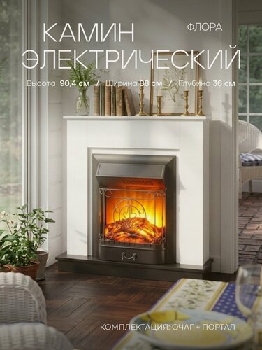 Изображение товара Камин электрический декоративный с обогревом напольный Fires Merlin Флора черно белый с очагом Маджестик, пульт ДУ