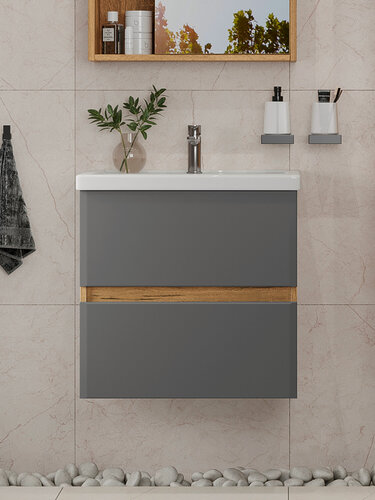 Изображение товара Тумба подвесная SanStar Graffa 50 с раковиной Фостер 50 (комплект) для ванной комнаты Дуб вотан, графит софт