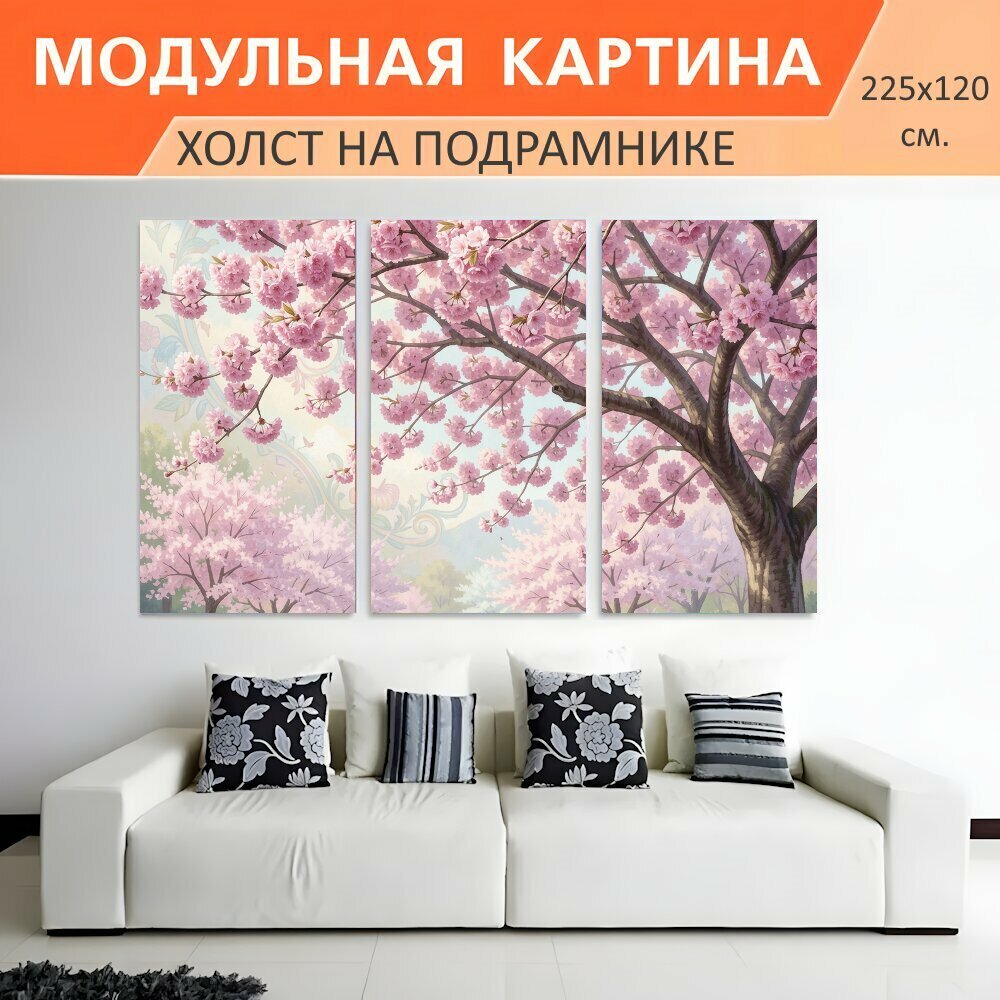 Модульная картина на холсте "Весенний сад сакуры. Нежная аллея с цветущими деревьями, лепестки розового и белого оттенков, извилистая." триптих на подрамнике 225х120 см. для интерьера