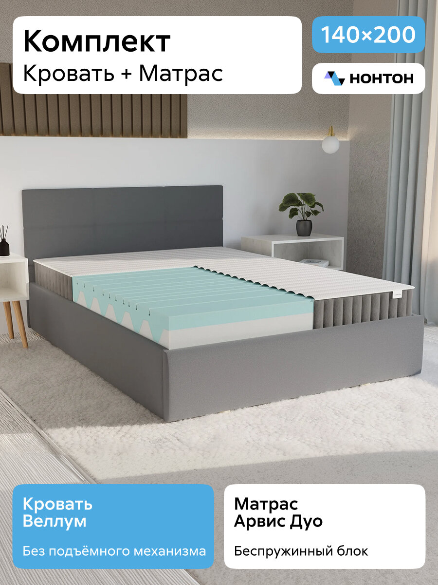 Кровать двуспальная Нонтон Веллум, 140x200 см, настил, Матрас ДКР 19см+ Арвис Дуо, велюр серый