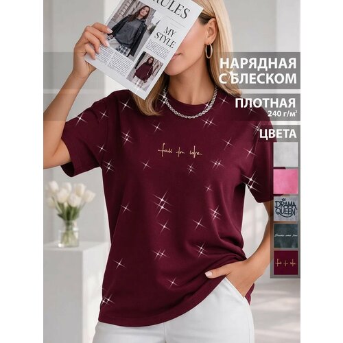 фото Футболка alterland варенка оверсайз удлиненная love, размер m, бордовый