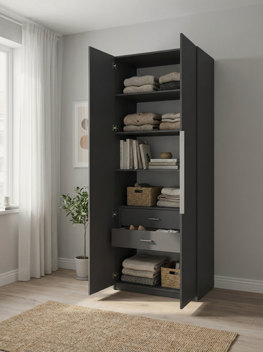 Изображение товара Шкаф двухстворчатый распашной Стич-23 с 2 ящиками, полками и длинной ручкой, ШхГхВ: 90х50х240 см, графит