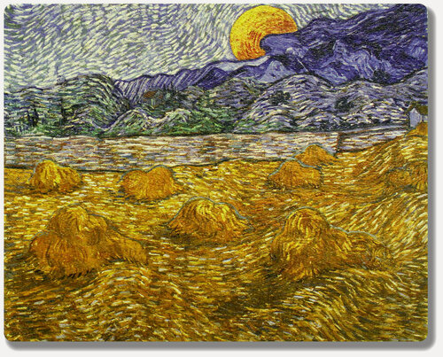 Изображение товара Репродукция картины Винсента Ван Гога "Вечерний пейзаж с восходящей луной". Интерьерная фреска на доске. 50х40см