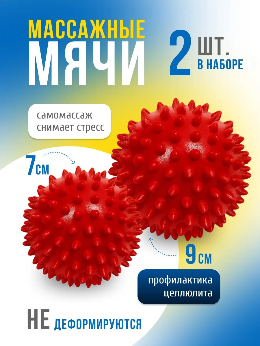 Массажный мяч KIVAR SPORT Набор «Ёжики» для МФР, 2 шт, с шипами, 7 и 9 см, красные