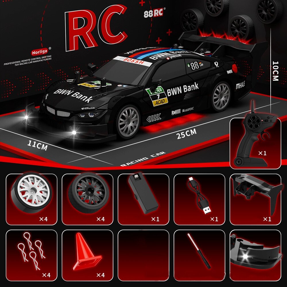 Радиоуправляемая машинка для дрифта 1:20 4WD с LED-подсветкой и комплектом шин - BMW Black Bank чёрная