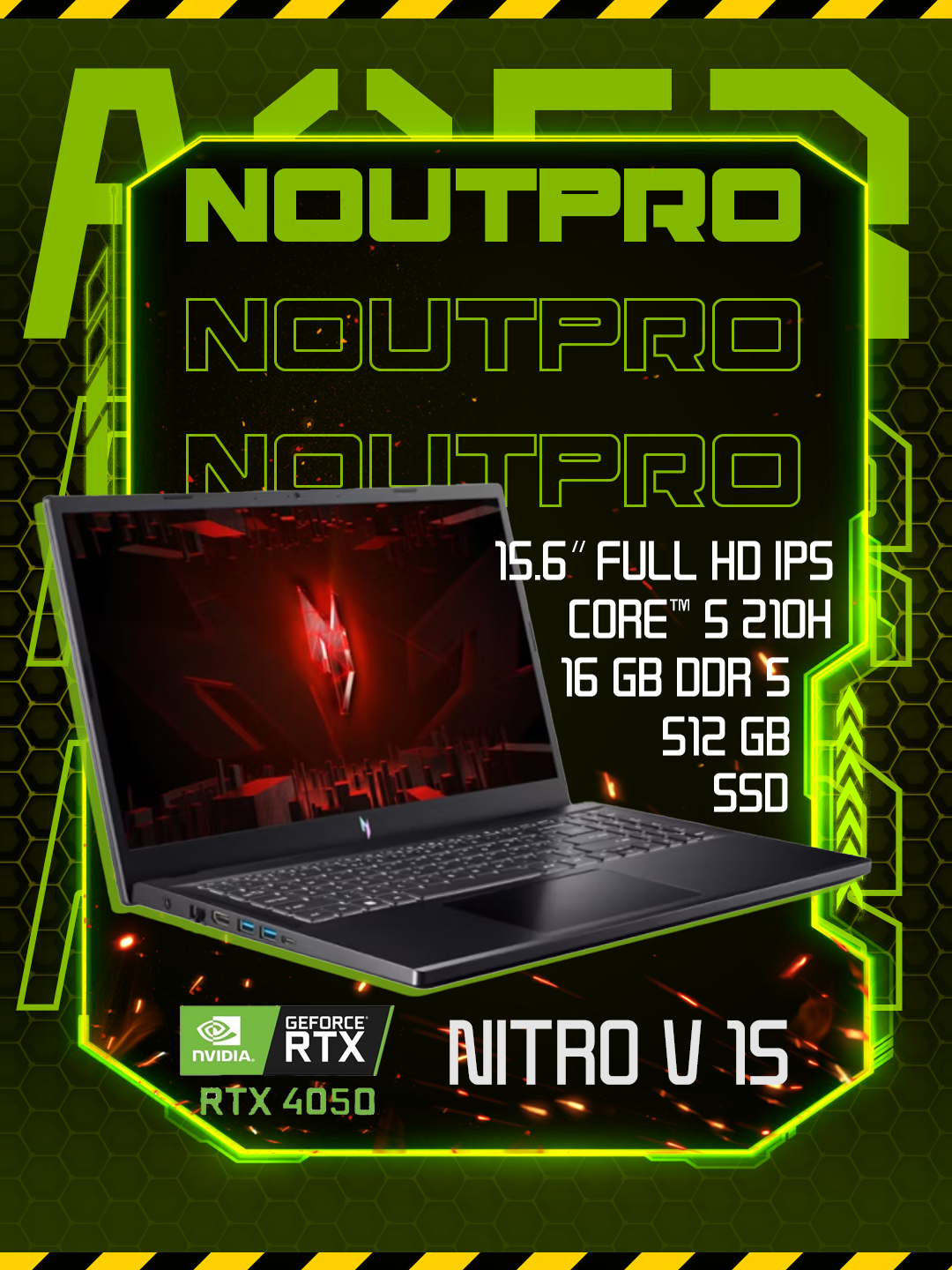 Нотубук Acer Nitro V 15, Intel® Core™ 5 210H,16 GB DDR5,512 GB SSD, RTX 4050,15.6 FHD IPS