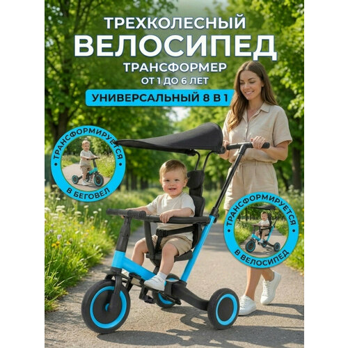 фото Детский беговел-велосипед 8в1 с крышей и ручкой, синий - tr008c-blue r-wings