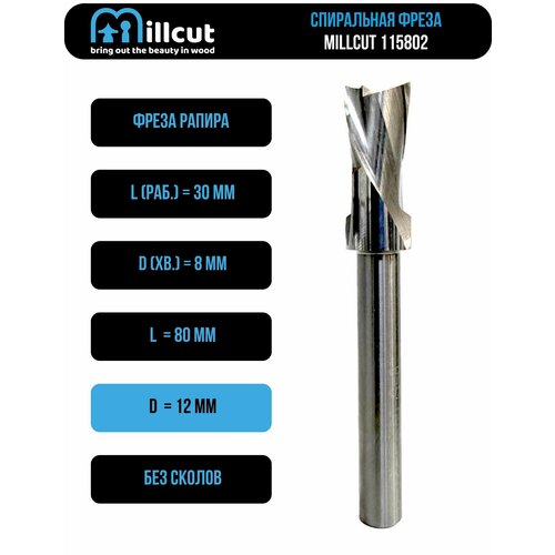 фото Фреза спиральная для петель 12x30x80 s=8 millcut 115802