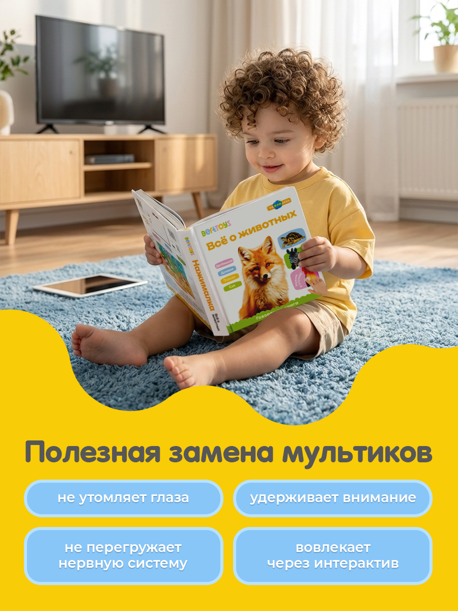 Развивающая интерактивная музыкальная игрушка-книжка Нажималка - Все о животных, BertToys, для детей — фото 1