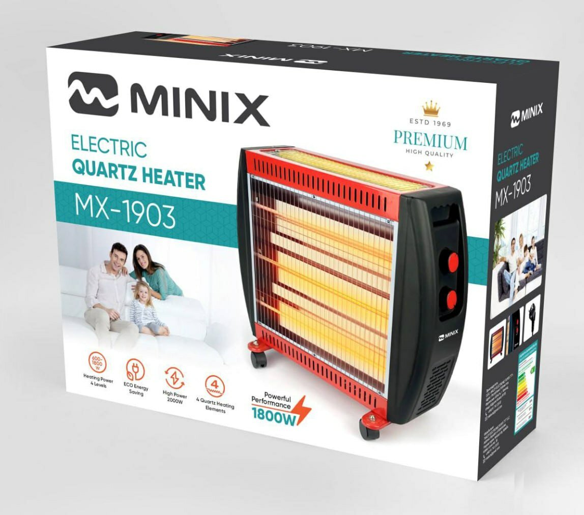 Электрический кварцевый обогреватель MINIX 750Вт, 4 лампы, металлический корпус, защита от перегрева, для дома и офиса