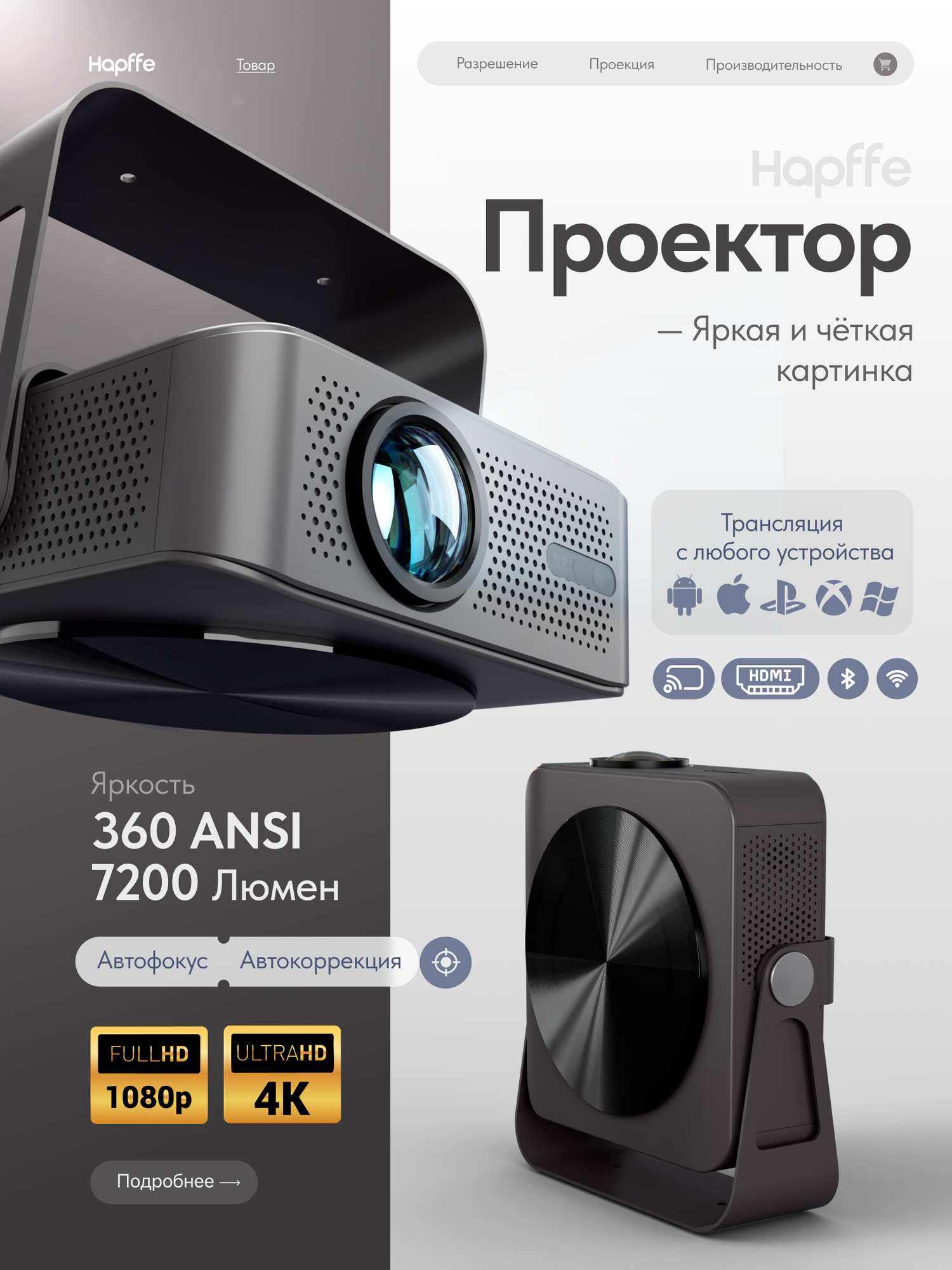Проектор для просмотра фильмов, торговой марки: HAPFFE, модель HPF-0401