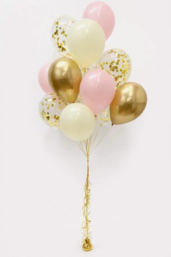 Изображение товара Воздушные гелиевые шары, надутые в фонтан из латексных и прозрачных шаров с конфетти "Розовое золото", 12 шт