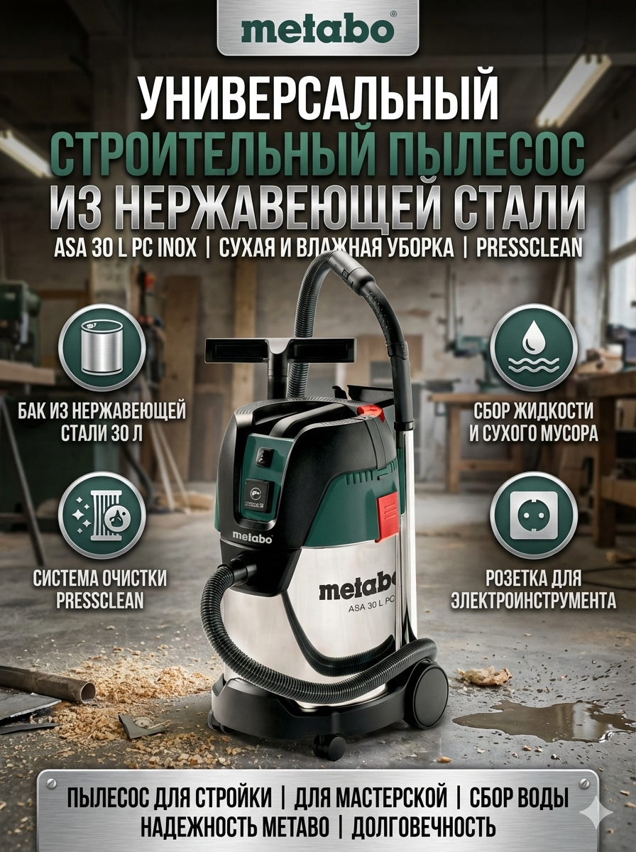 Универсальный строительный пылесос Metabo ASA 30 L PC INOX, (602015000)