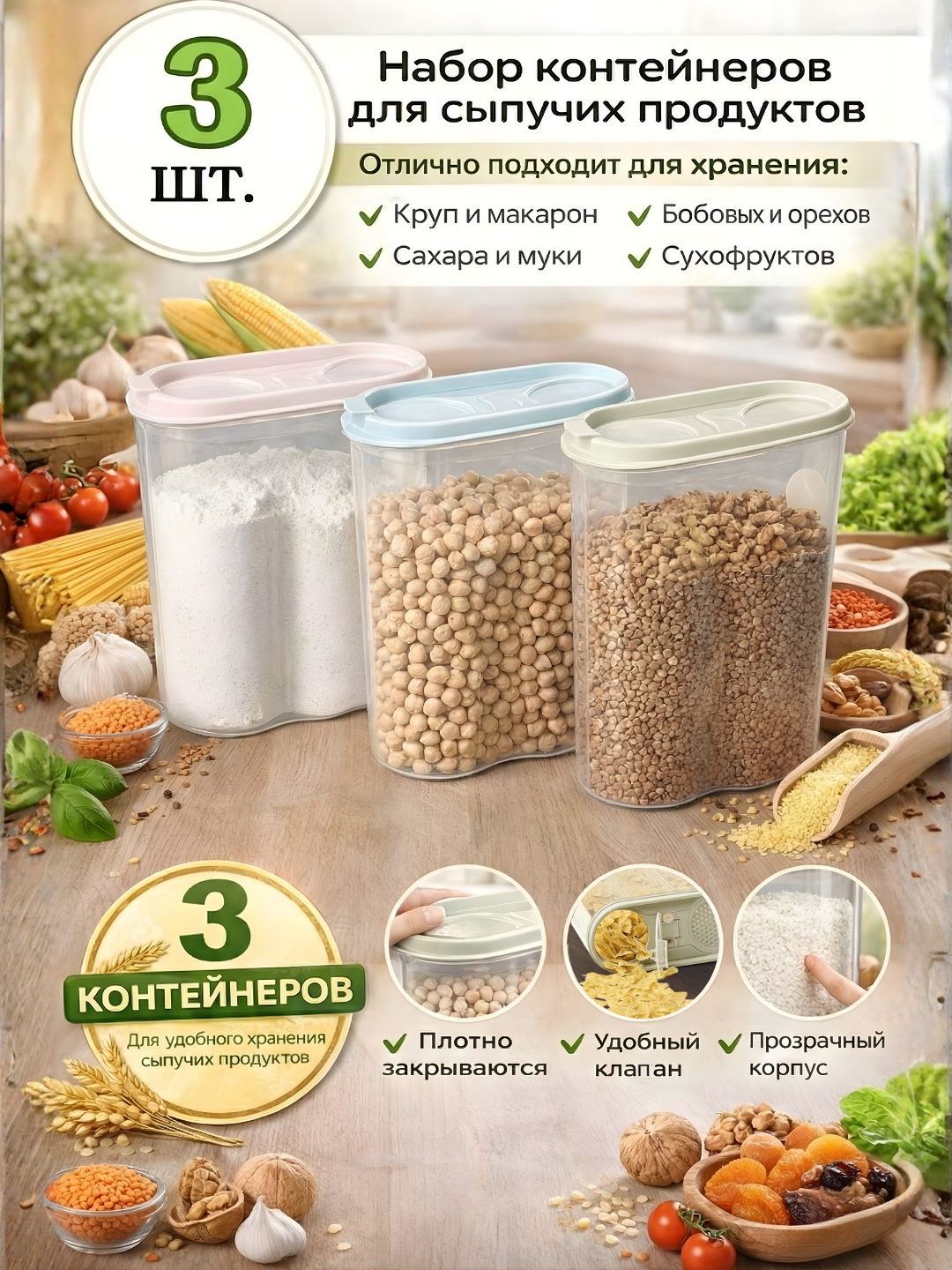 Контейнер, емкость для хранения сыпучих продуктов, набор пластиковых контейнеров