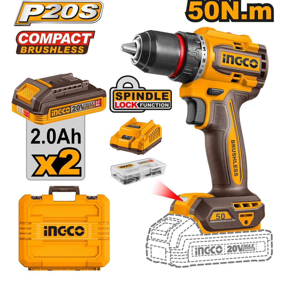Шуруповерт INGCO CDLI205062, бесщеточный, 2 скорости, 2 АКБ, кейс