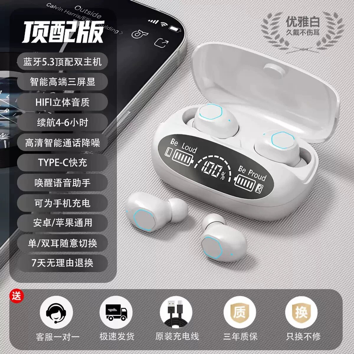 Беспроводные наушники Bluetooth 5.3 с шумоподавлением, белый чистый, 35 часов автономной работы, звук HiFi для iPhone