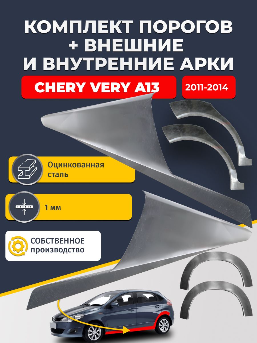 Комплект ремонтных задних внешних и внутренних арок (0,8 мм) + комплект стандартных ремонтных порогов , на Chery Very A13 2011-2014 (Чери Вери А13) Оцинкованная сталь 1 мм