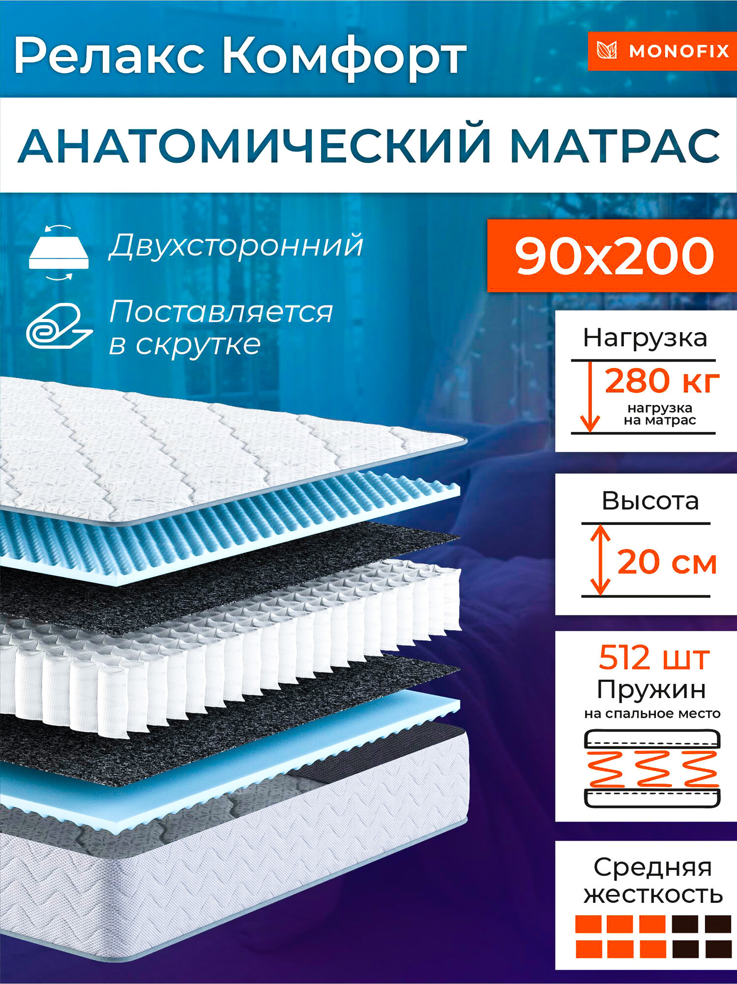 Матрас анатомический релакс комфорт с микромассажным эффектом, 90х200