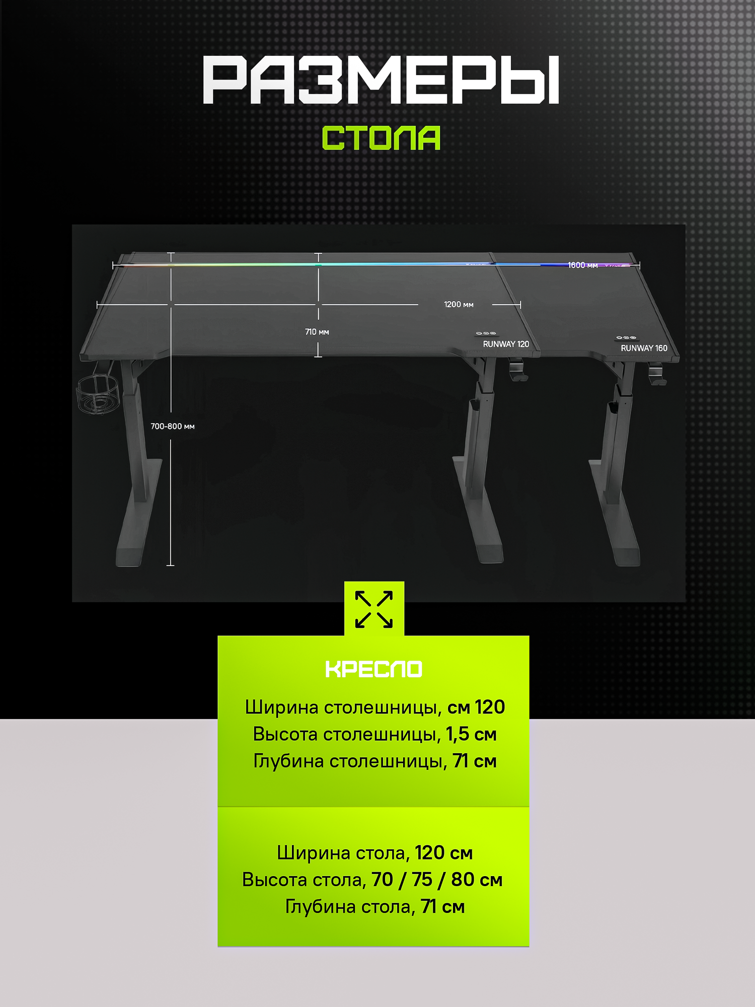 Игровой компьютерный стол ZONE 51 RUNWAY 160, Black, черный, RGB — фото 1