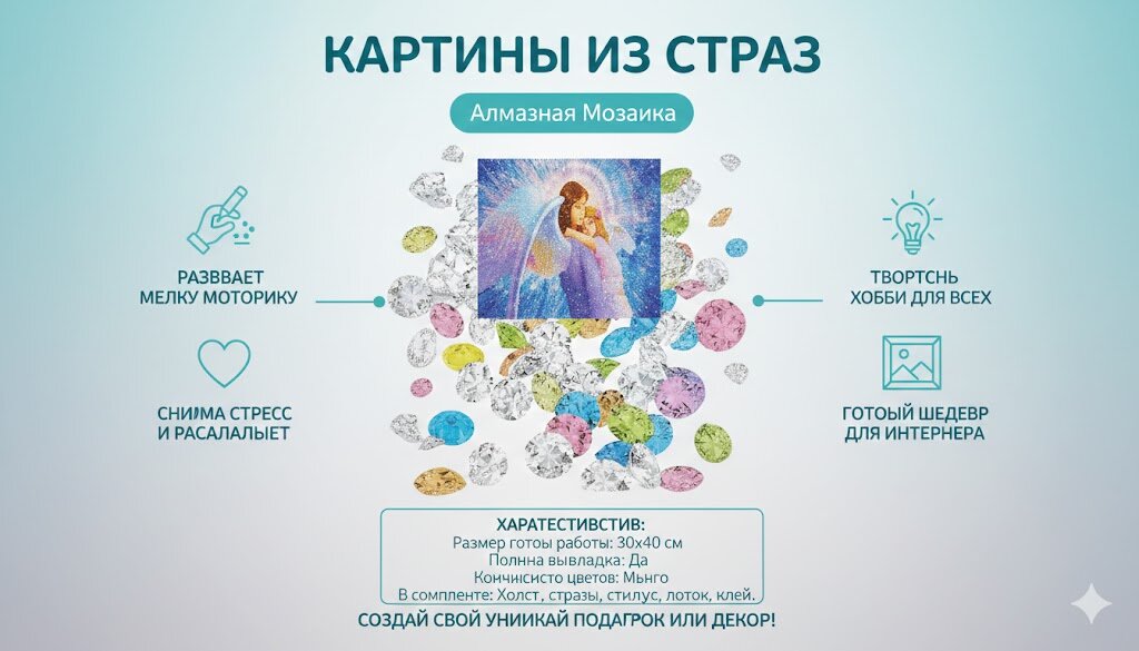 Картина из страз 30×40 см, ангел с ребёнком, набор для творчества (артикул YSD017)