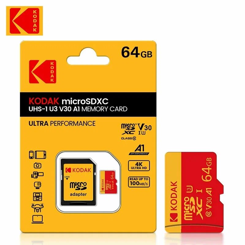 Карта памяти Kodak Ultra Performance 64GB microSDXC UHS-I U3 V30 A1, R/W 90/60 МБ/с красная с адап