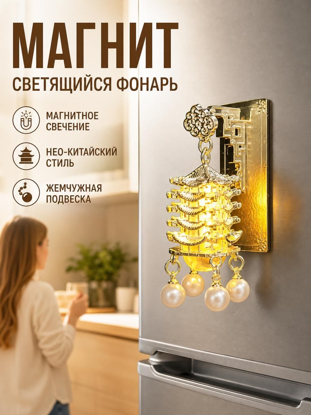 Светящийся магнит фонарь для холодильника 8 см, металлический золотой со светодиодом, ночник декор для кухни