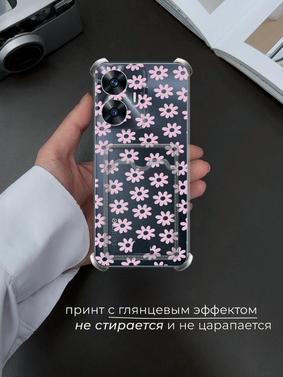 Чехол на Realme C55 (Реалми C55) с картой и принтом Розовый цветочный узор — фото 1