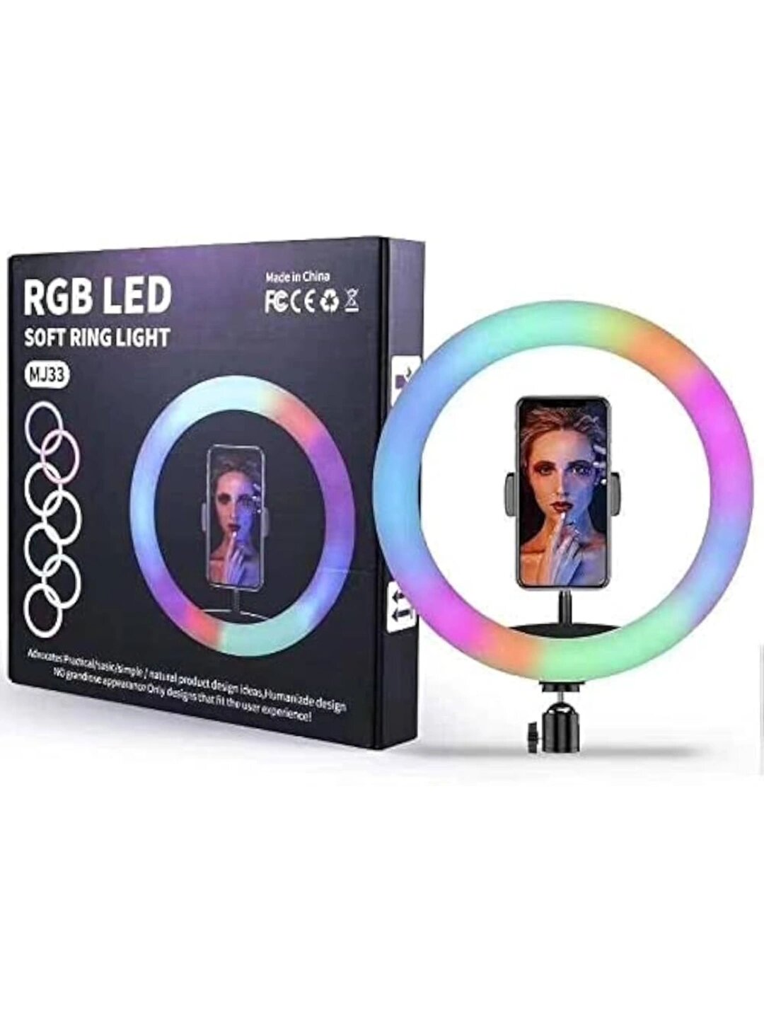 Кольцевая лампа RGB LED MJ33 33 см со штативом и держателем для телефона, цветная подсветка, регулировка яркости