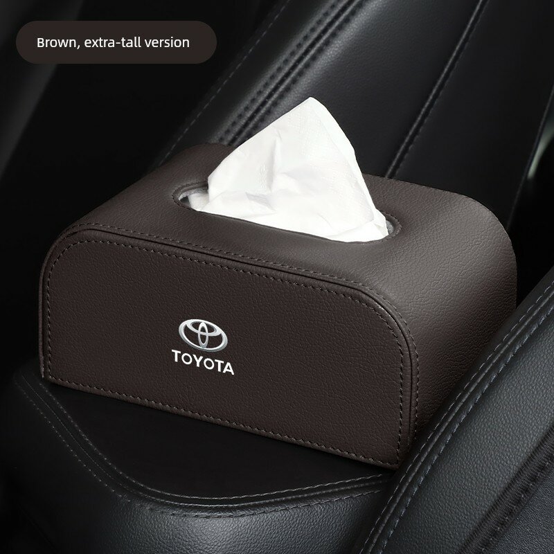 Высокая кожаная держатель для салфеток для моделей Toyota Corolla, Camry, RAV4 с боковым логотипом - цвет мокко