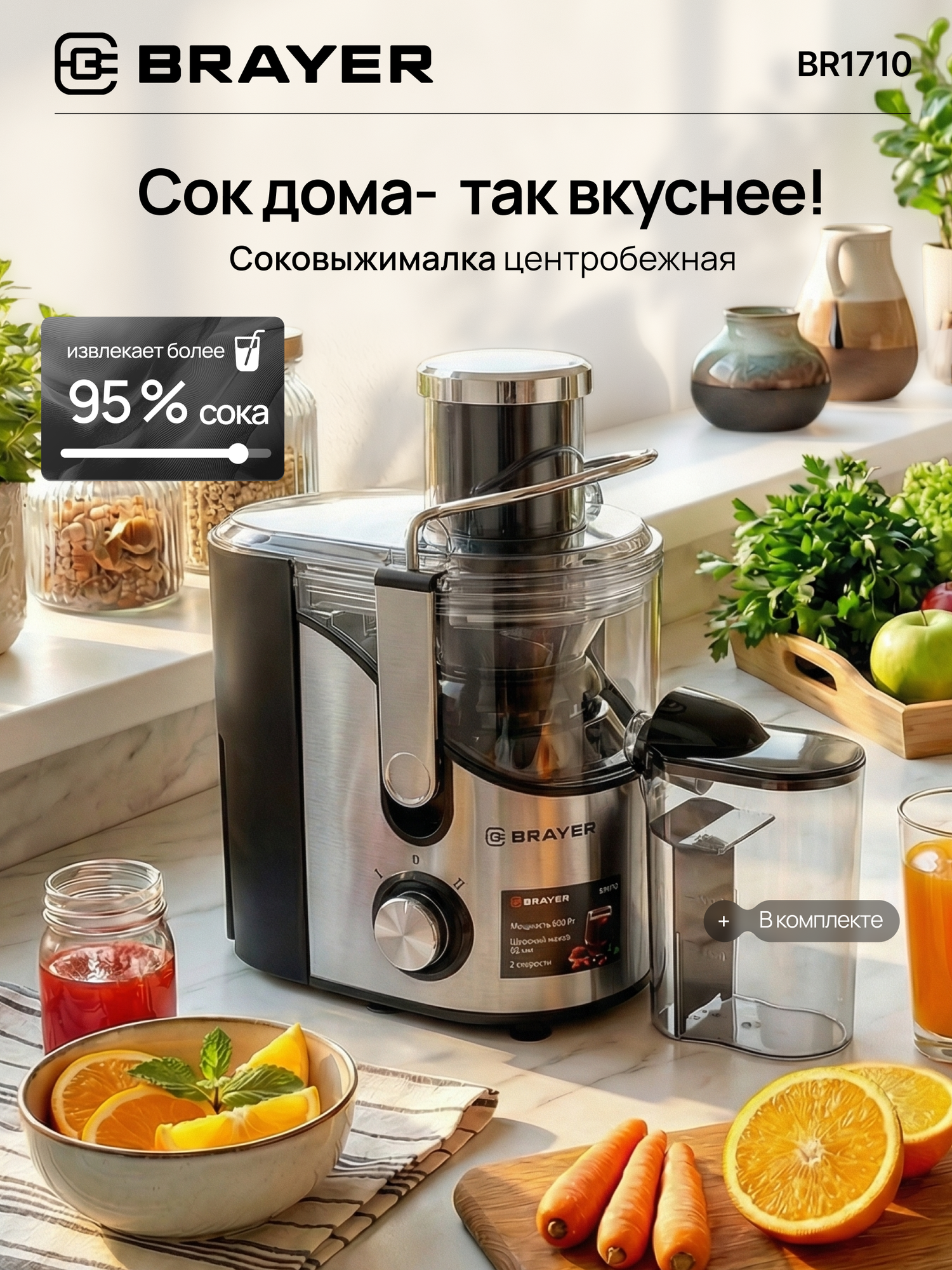 Соковыжималка BRAYER BR1710, центробежная, 800 Вт, 2 скоростных режима, нержавеющая сталь