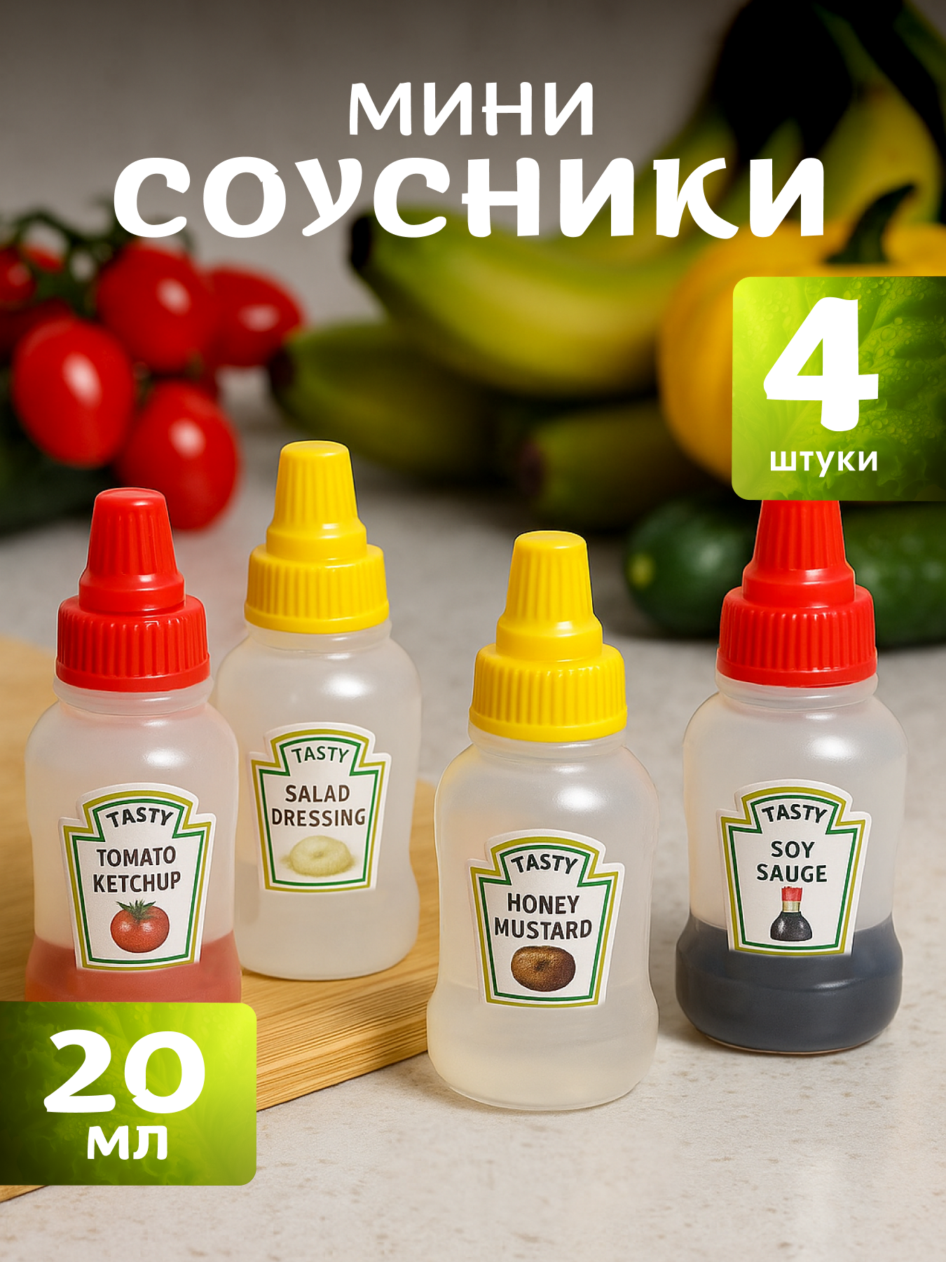 Набор мини бутылочек для соусов 4 шт / пластиковые дозаторы для масла, уксуса, приправ и заправок, 20 мл