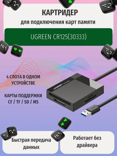 Изображение товара Кардридер UGreen CR125 черный (30333) USB 3.0 All-in-One Card Reader. Длина 50 см.