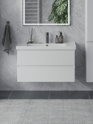 Изображение товара Тумба подвесная SanStar Riana 90 с раковиной Грейс 90 (комплект) для ванной комнаты белая