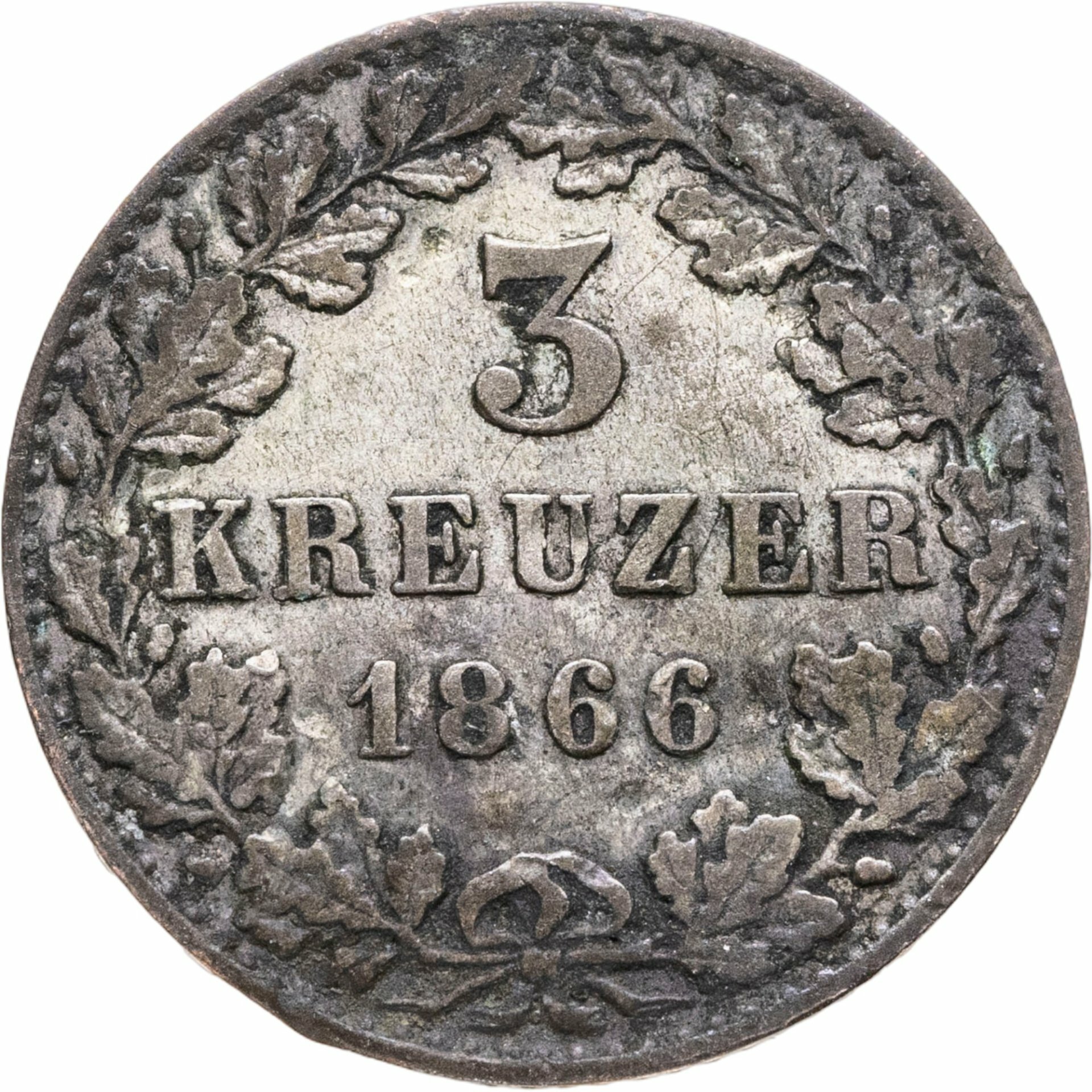Германия, Вольный город Франкфурт 3 крейцера 1866, Серебро 330, в сохранности XF
