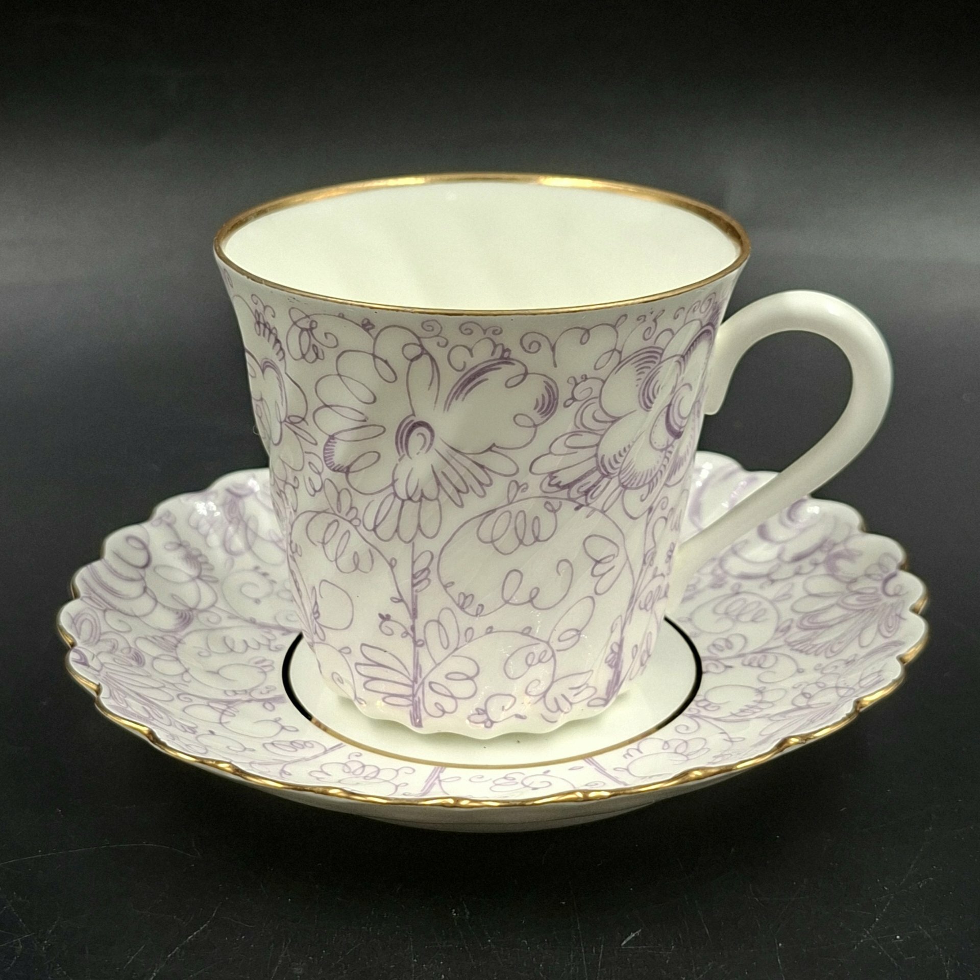 Пара кофейная "Садик", форма "Витая", автор рисунка Н. П. Славина, фарфор, деколь