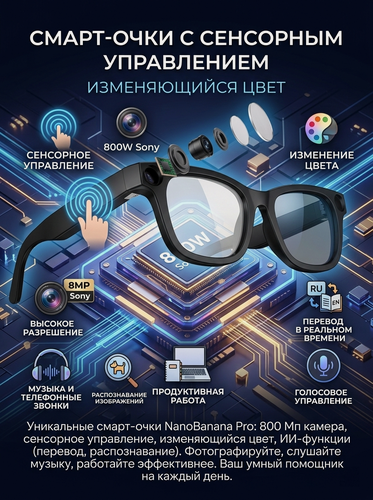 Изображение товара Умные очки с камерой, фото, перевод, Bluetooth, очки, разговоры, музыка, новый бег, голос.