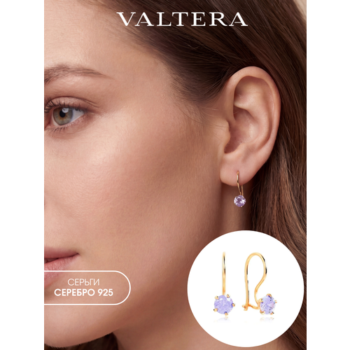 фото Серьги valtera, серебро, 585 проба, золочение, циркон, размер 15 мм, длина 1.5 см, , фиолетовый