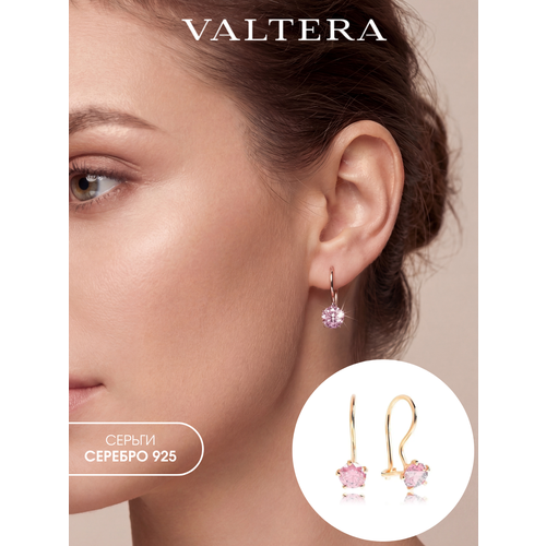 фото Серьги valtera, серебро, 925 проба, золочение, фианит, размер 15 мм, длина 1.5 см, , розовый