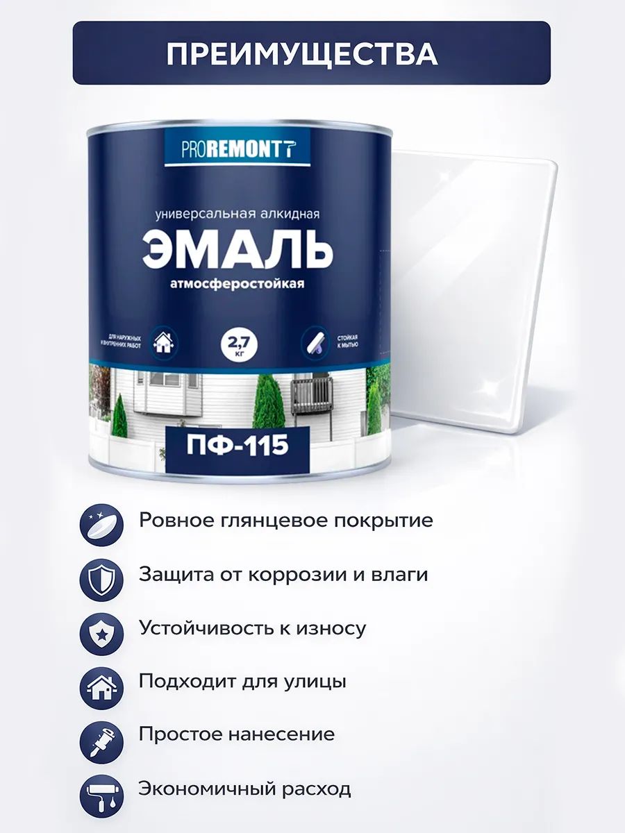 Краска эмаль белая глянцевая по металлу, по бетону, по дереву алкидная ПФ-115 PROREMONTT 2,7кг — фото 1