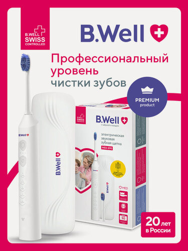 Изображение товара Электрическая зубная щетка B.Well MED-890, звуковая, премиальная щетина Pedex средней жесткости, 15 режимов, 90 дней без подзарядки, 2 насадки, дорожный футляр, белая