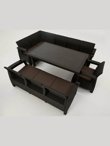 Изображение товара Комплект садовой мебели из ротанга Set 5+3+1+обеденный стол 153х79, с комплектом темно-синих подушек