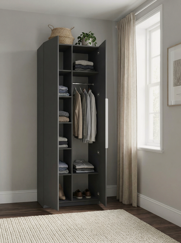 Изображение товара Шкаф двухстворчатый распашной Стич-22 со штангой для вешалок, полками и длинной ручкой, ШхГхВ: 90х50х240 см, графит